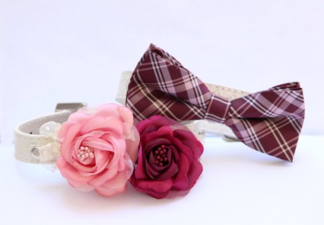Burgundy and pink dog collars, so your pet can be in the ceremony! By LADogStore on etsy.com